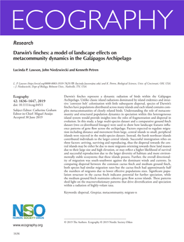 Research Darwin’S Finches: a Model of Landscape Effects on Metacommunity Dynamics in the Galápagos Archipelago