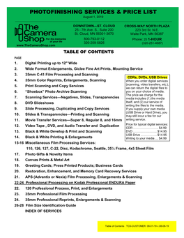 Photofinishing Services & Price List