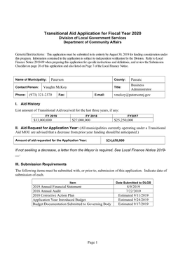 Transitional Aid Application for Fiscal Year 2020 Division of Local Government Services Department of Community Affairs