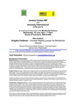 Jeremy Corbyn MP Amnesty International Avigdor Feldman – (Human Rights) Lawyer for Mordechai Vanunu