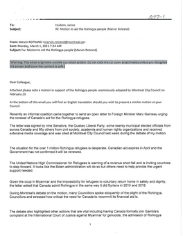 Recently an Informal Coalition Came Together to Send an Open Letter to Foreign Minister Marc Garneau Urging the Renewal of Canada's Aid for the Rohingya Refugees