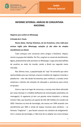 Informe Setorial: Análise De Conjuntura Nacional