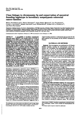 Founding Haplotype in Hereditary Nonpolyposis Colorectal Cancer Families MINNA NYSTR6M-LAHTI*, PERTTI SISTONEN*T, JUKKA-PEKKA Mecklint, LEA PYLKKANEN*, LAURI A