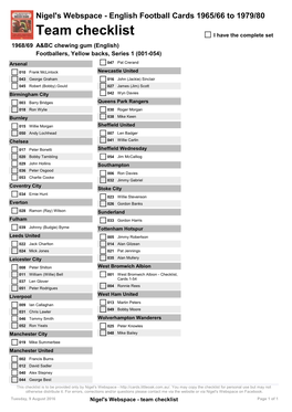 Team Checklist I Have the Complete Set 1968/69 A&BC Chewing Gum (English) Footballers, Yellow Backs, Series 1 (001-054)