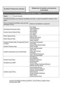 Scottish Parliament Election Statement of Parties and Persons Nominated