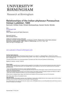 Relationships of the Indian Phytosaur Parasuchus Hislopi Lydekker, 1885 Kammerer, Christian; Butler, Richard; Bandyopadhyay, Saswati; Stocker, Michelle