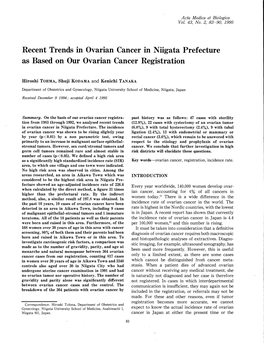 Recent Trends in Ovarian Cancer in Niigata Prefecture As Based on Our Ovarian Cancer Registration