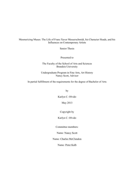 The Life of Franz Xaver Messerschmidt, His Character Heads, and His Influences on Contemporary Artists