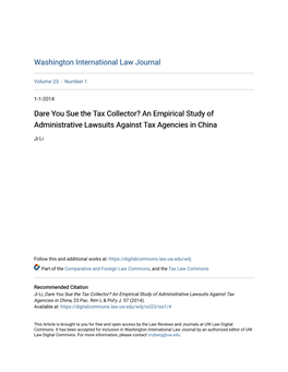 An Empirical Study of Administrative Lawsuits Against Tax Agencies in China