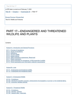 50 CFR Part 17 Endangered and Threatened Wildlife