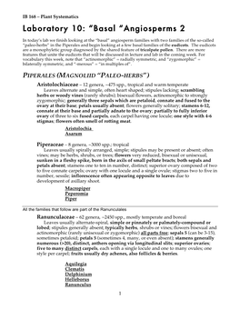 Laboratory 10: “Basal “Angiosperms 2