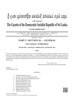 Y%S ,Xld M%Cd;Dka;%Sl Iudcjd§ Ckrcfha .Eiü M;%H W;S Úfyi the Gazette of the Democratic Socialist Republic of Sri Lanka EXTRAORDINARY