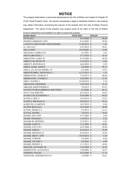 NOTICE the Property Listed Below Is Presumed Abandoned by the City of Killeen and Subject to Chapter 76 of the Texas Property Code