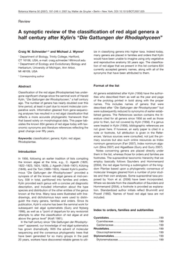 A Synoptic Review of the Classification of Red Algal Genera a Half Century After Kylin's ''Die Gattungen Der Rhodophyceen