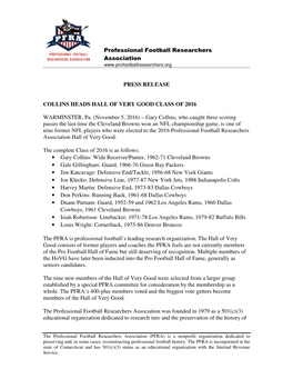 Professional Football Researchers Association PRESS RELEASE