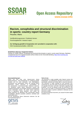 Racism, Xenophobia and Structural Discrimination in Sports: Country Report Germany Peucker, Mario