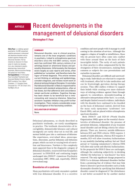 Recent Developments in the Management of Delusional Disorders Christopher F