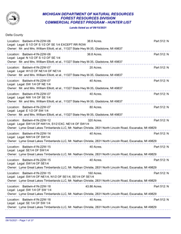 MICHIGAN DEPARTMENT of NATURAL RESOURCES FOREST RESOURCES DIVISION COMMERCIAL FOREST PROGRAM - HUNTER LIST Lands Listed As of 09/15/2021