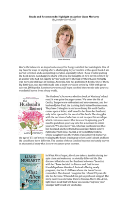 Reads and Recommends: Highlight on Author Liane Moriarty by Jennifer Sorrell, MD