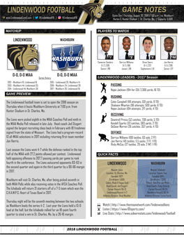 LINDENWOOD FOOTBALL LINDENWOOD FOOTBALL GAME NOTES Game One | Thursday, August 30, 2018 | 7:00 P.M