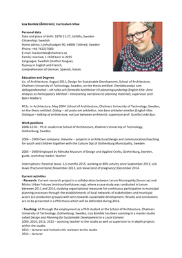 Lisa Bomble (Åhlström): Curriculum Vitae Personal Data Date and Place Of