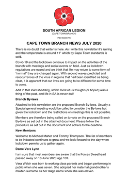 CAPE TOWN BRANCH NEWS JULY 2020 There Is No Doubt That Winter Is Here