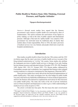 Public Health in Modern Siam: Elite Thinking, External Pressure, and Popular Attitudes1