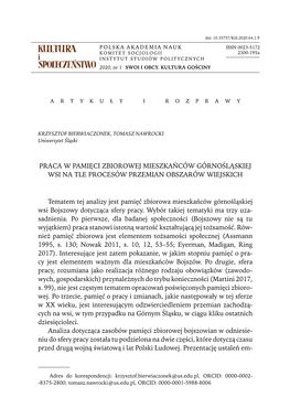 Praca W Pamięci Zbiorowej Mieszkańców Górnośląskiej Wsi Na Tle Procesów Przemian Obszarów Wiejskich