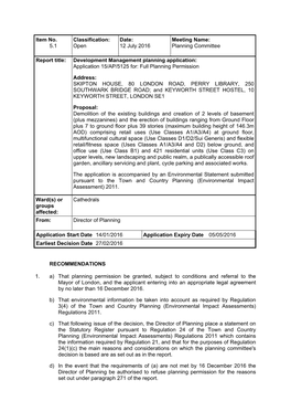 Item No. 5.1 Classification: Open Date: 12 July 2016 Meeting Name: Planning Committee Report Title: Development Management Plann