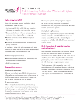 Risk-Lowering Options for Women at Higher Risk of Breast Cancer