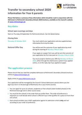 Transfer to Secondary School 2020 Information for Year 6 Parents