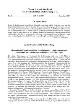 Neuer Nachrichtenbrief Der Gesellschaft Für Exilforschung E