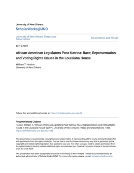 African-American Legislators Post-Katrina: Race, Representation, and Voting Rights Issues in the Louisiana House