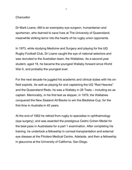 Chancellor Dr Mark Loane, AM Is an Exemplary Eye Surgeon, Humanitarian and Sportsman, Who Learned to Save Lives at the Universi