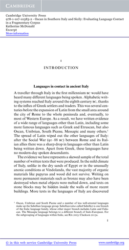 1 INTRODUCTION Languages in Contact in Ancient Italy a Traveller Through Italy in the First Millennium Bc Would Have Heard Many