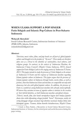 WHEN ULAMA SUPPORT a POP SINGER Fatin Sidqiah and Islamic Pop Culture in Post-Suharto Indonesia