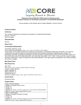 Submission Data for 2020-2021 CORE Conference Ranking Process European Conference on Evolutionary Computation in Combinatorial Optimisation