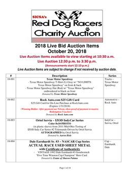 2018 Live Bid Auction Items October 20, 2018 Live Auction Items Available to View Starting at 10:30 A.M