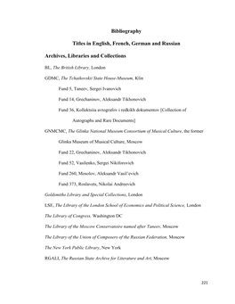 Bibliography Titles in English, French, German and Russian Archives