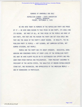 Remarks of Honorable Bob Dole Republican Dinner - State Convention Lincoln, Nebraska Friday, September 4, 1970