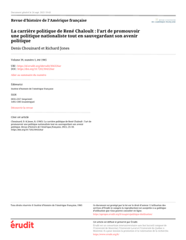 La Carrière Politique De René Chaloult : L’Art De Promouvoir Une Politique Nationaliste Tout En Sauvegardant Son Avenir Politique Denis Chouinard Et Richard Jones