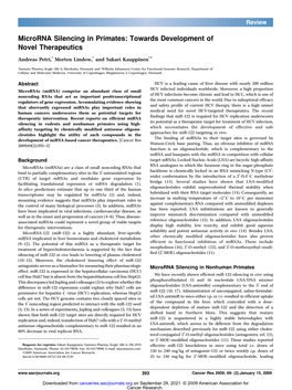 Microrna Silencing in Primates: Towards Development of Novel Therapeutics Andreas Petri,1 Morten Lindow,1 and Sakari Kauppinen1,2