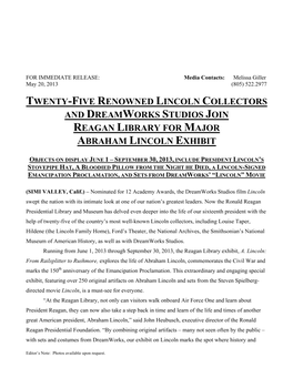 Twenty-Five Renowned Lincoln Collectors and Dreamworks Studios Join Reagan Library for Major Abraham Lincoln Exhibit