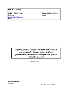 Rapport Final De L'analyse Des ONG Nationales Et Internationales Dans Le Secteur De L'eau Potable/Assainissement Et Aménage