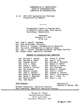 2001-2002 Appropriations Hearings Presentation by Members