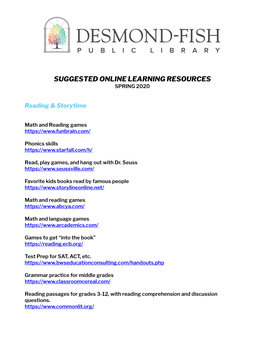 Suggested Online Learning Resources Spring 2020