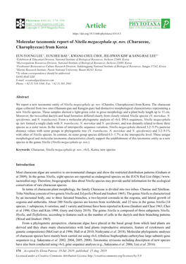 Molecular Taxonomic Report of Nitella Megacephala Sp. Nov. (Characeae, Charophyceae) from Korea