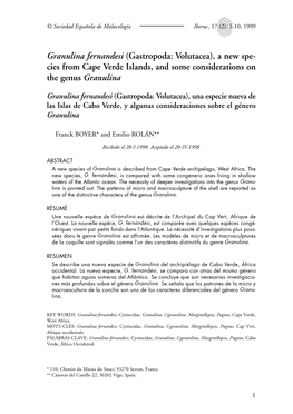 Granulina Fernandesi (Gastropoda: Volutacea), a New Spe- Cies from Cape Verde Islands, and Some Considerations on the Genus Granulina