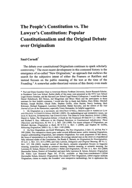 The People's Constitution Vs. the Lawyer's Constitution: Popular Constitutionalism and the Original Debate Over Originalism