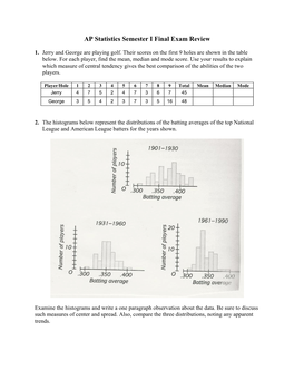 AP Statistics Semester I Final Exam Review